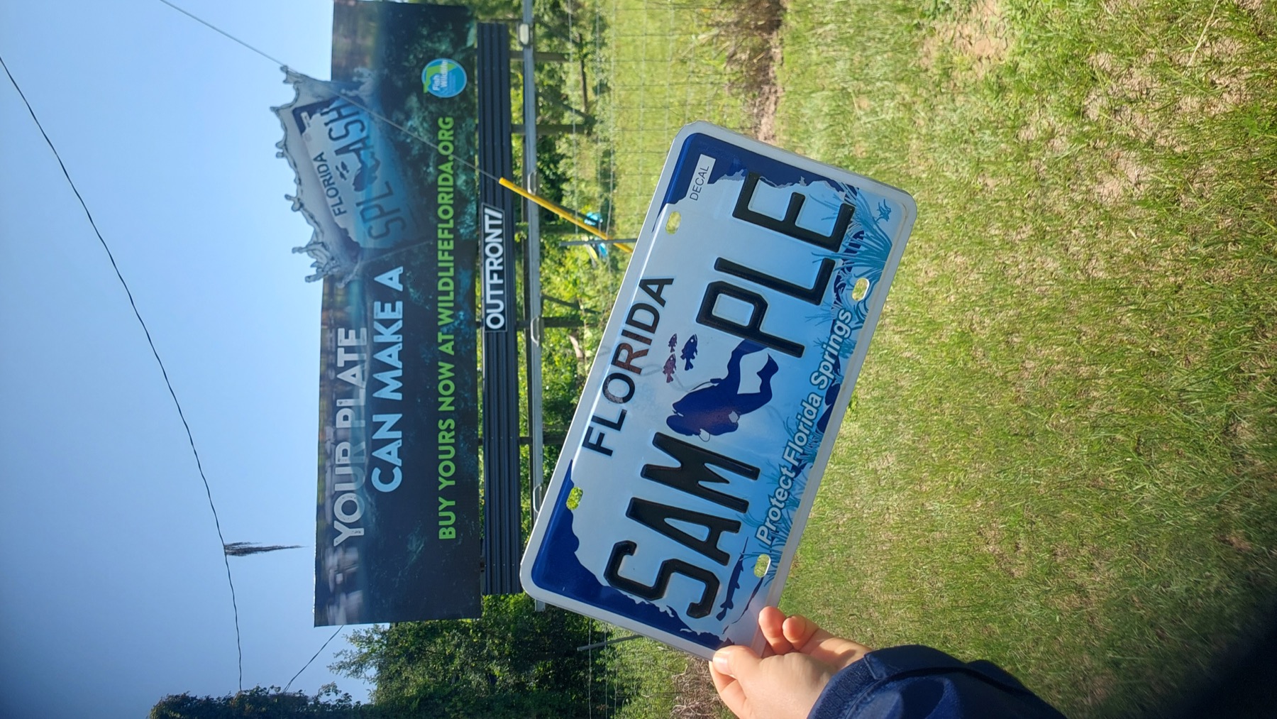 Specialty license plate held in front of a campaign billboard in Florida
